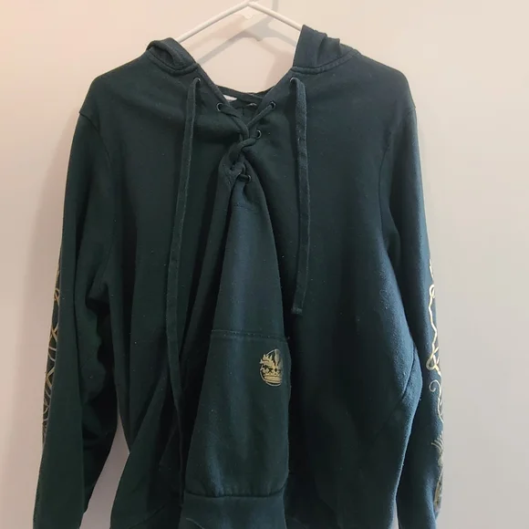 Plus Lace-Up Black Hoodie with Gold Sleeve Detail - Women - Picture 2 of 9